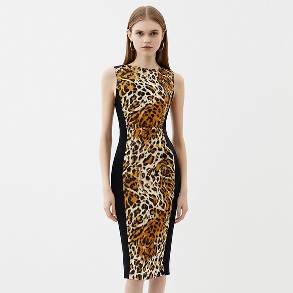 *NWT* Karen Millen Leopard Print Panel Seam Sleeveless Pencil Dress - Size 4 - Picture 1 of 16